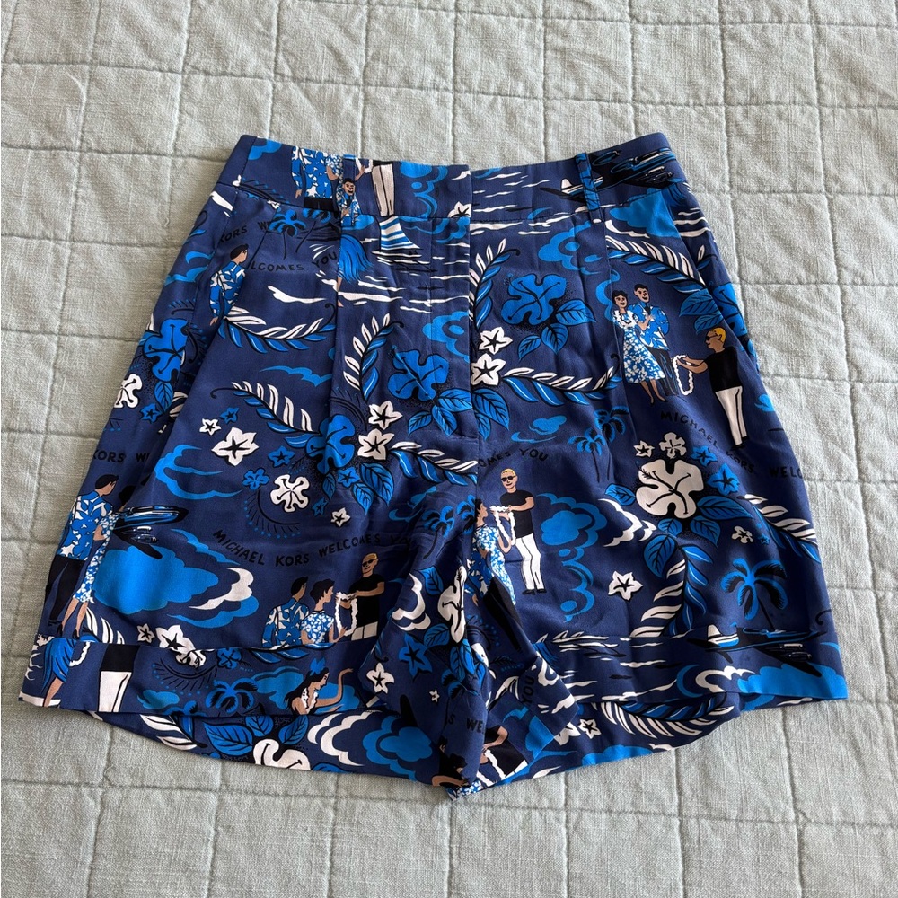 Michael Kors Blue Tailored Shorts with Tropical Print